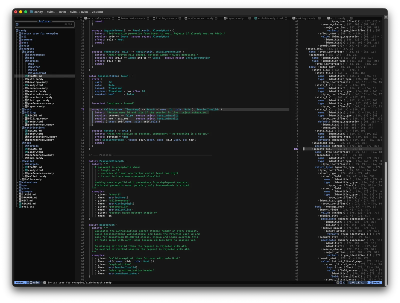 An auth.candy spec open in an editor, with its parsed syntax tree alongside